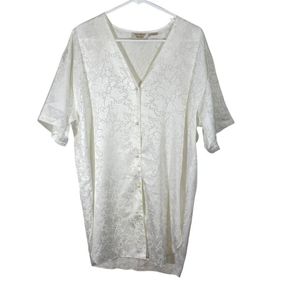 Vintage Victorias Secret Gold Label White Floral Satin Button Up NightShirt Robe - Picture 1 of 3
